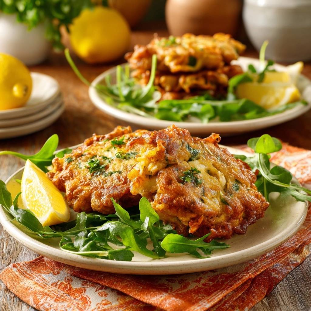 Goldbraune Zucchini Kartoffel Puffer Serviert 1 Goldbraune Zucchini-Kartoffel-Puffer serviert auf einem Teller mit frischem Rucola und einer Zitronenspalte, bereit zum Genießen.