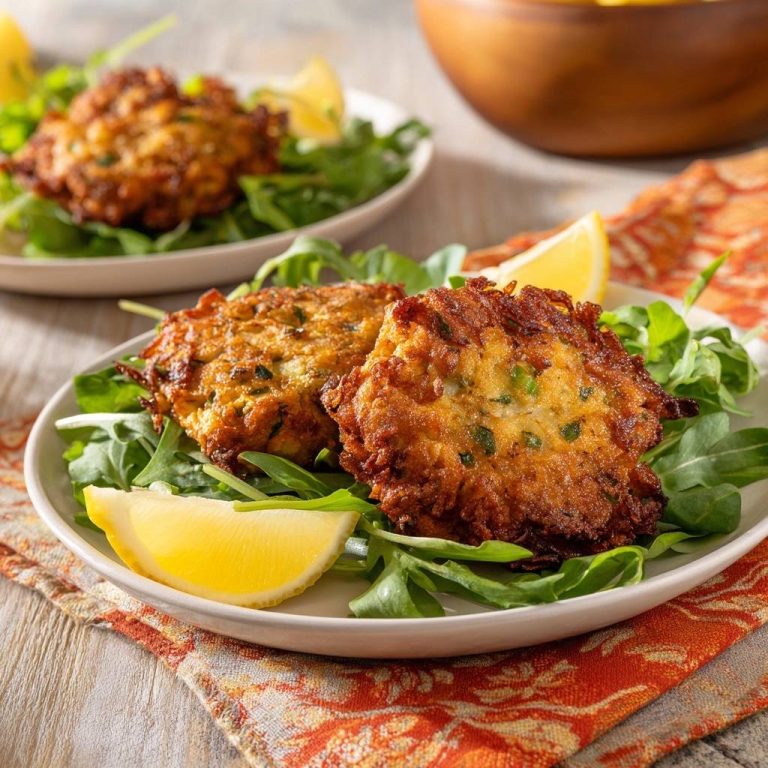 Goldbraune Zucchini-Kartoffel-Puffer serviert auf einem Teller mit frischem Rucola und Zitronenspalten, ein köstliches Gericht.