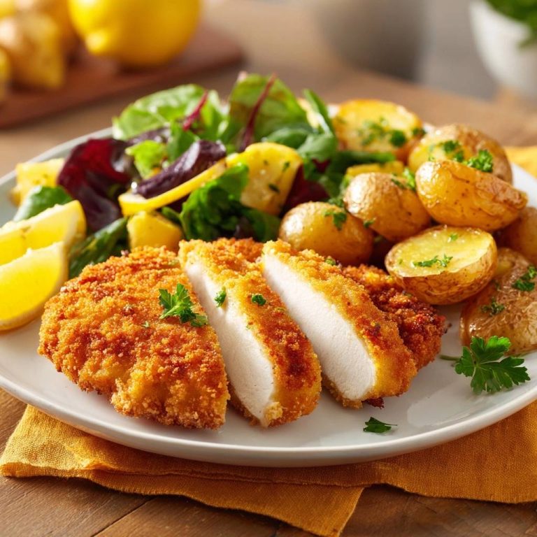 Goldbraunes Hähnchenschnitzel mit Röstkartoffeln, serviert mit einem saftigen Querschnitt, der das zarte Innere zeigt. Dazu frischer Salat und Zitrone.