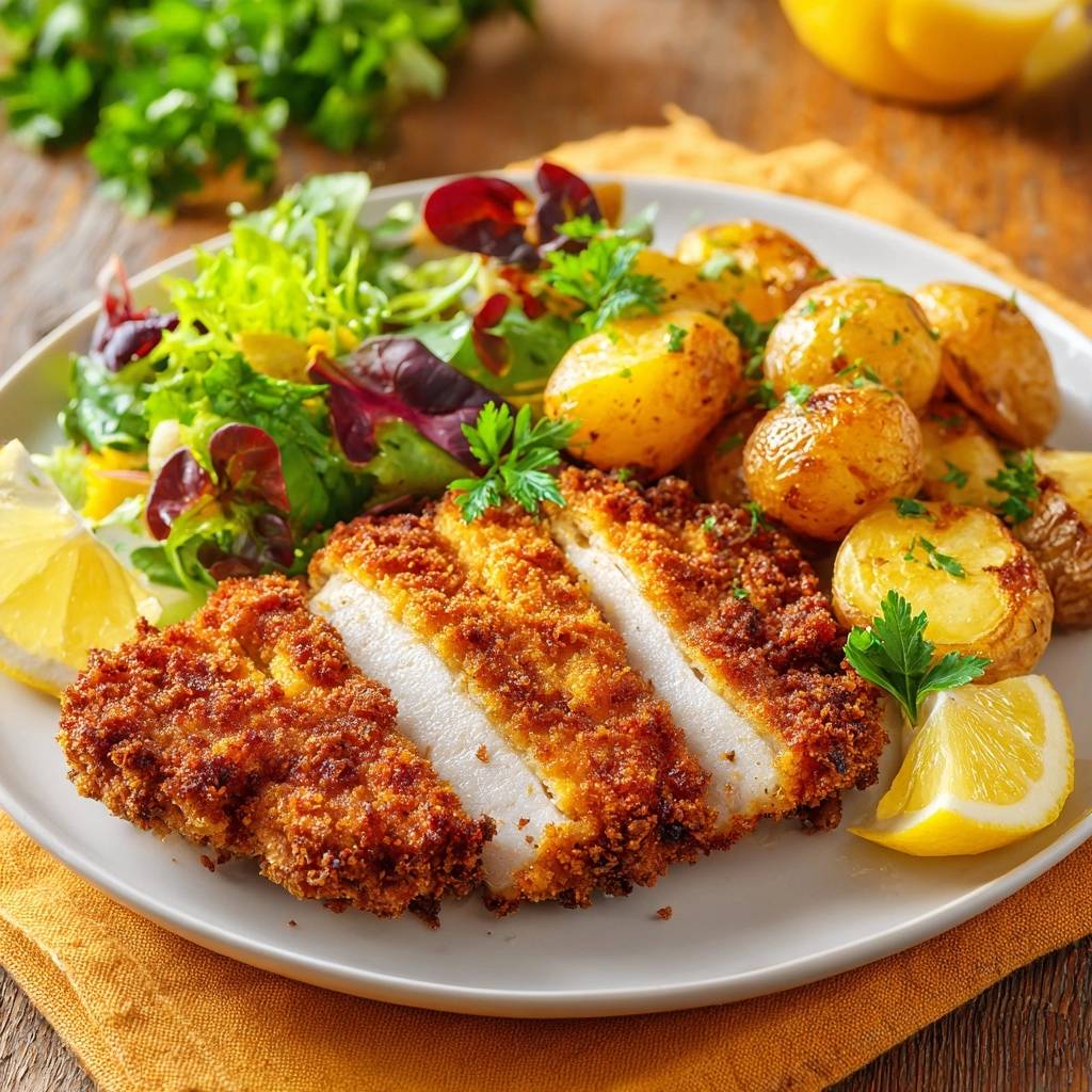 Goldbraunes Haehnchenschnitzel Serviert 1 Goldbraunes Hähnchenschnitzel serviert mit Röstkartoffeln und frischem Salat, angerichtet auf einem Teller mit Zitrone und Petersilie.