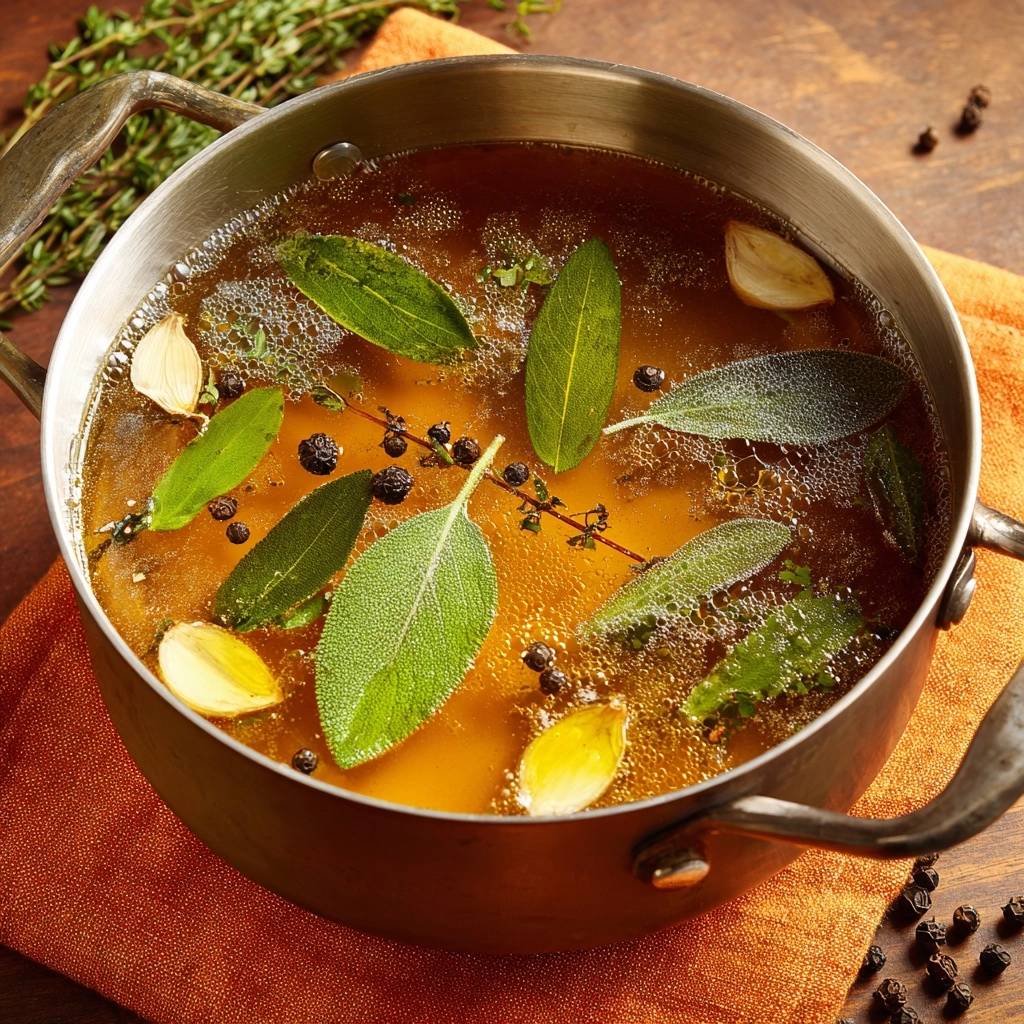 Goldene Aromen Bouillon Draufsicht Mit Krutern 1 Goldene Aromen-Bouillon: Eine Draufsicht zeigt die Brühe mit frischen Kräutern, Knoblauch und Pfefferkörnern, die den Geschmack intensivieren.