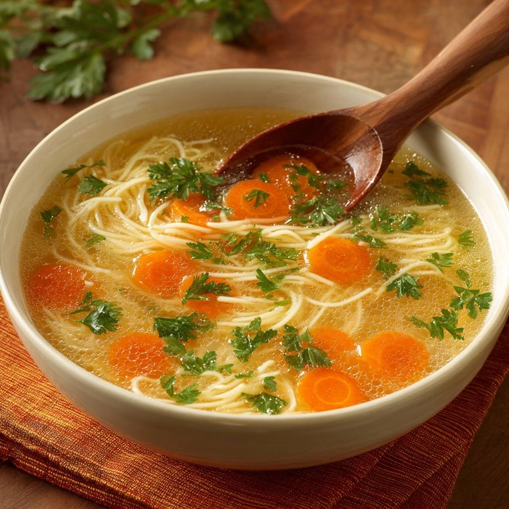 Goldene Huhnersuppe Mit Feinen Nudeln Nahaufnahme 1 Goldene Hühnersuppe mit feinen Nudeln in einer Schüssel, Nahaufnahme mit frischen Karotten und Petersilie garniert. Ein Holzlöffel liegt im Gericht.