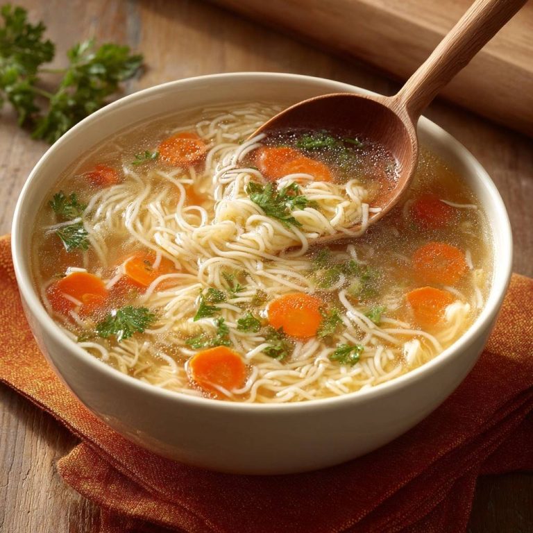 Goldene Hühnersuppe mit feinen Nudeln in Nahaufnahme, serviert in einer cremefarbenen Schüssel, mit einem Holzlöffel, der die Nudeln hervorhebt.