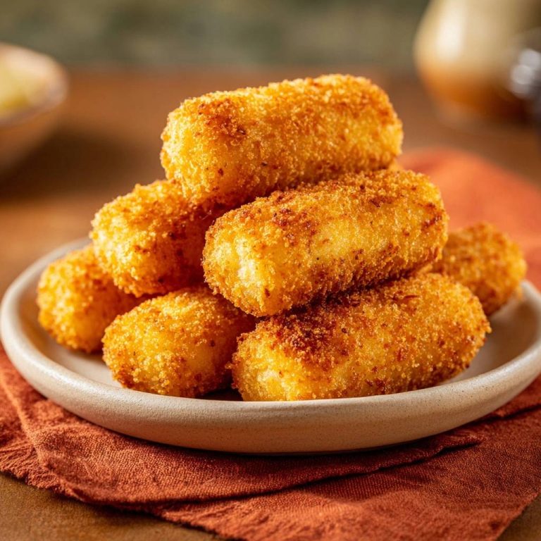 Goldene Kartoffelkroketten, serviert auf einem rustikalen Teller, mit einer knusprigen goldenen Kruste und einer cremigen, weichen Innenseite.