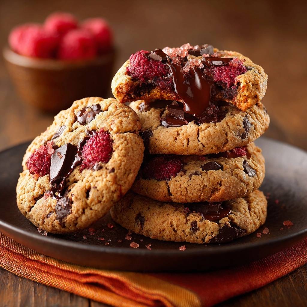 Gooey Himbeer Schoko Cookies Querschnitt 1 Gooey Himbeer-Schoko-Cookies mit Schokostückchen und Himbeeren, die einen verführerischen Querschnitt zeigen und Schokolade fließen lassen.