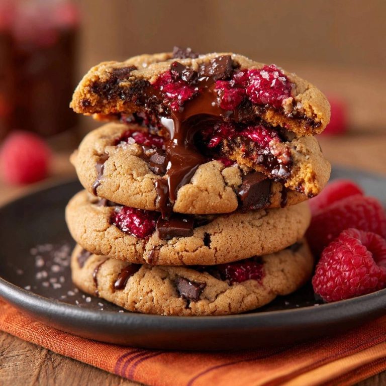 Gooey Himbeer-Schoko-Cookies im Nahaufnahme. Ein angeschnittener Cookie zeigt das flüssige Schokoladen-Himbeer-Innere, perfekt für Genießer.