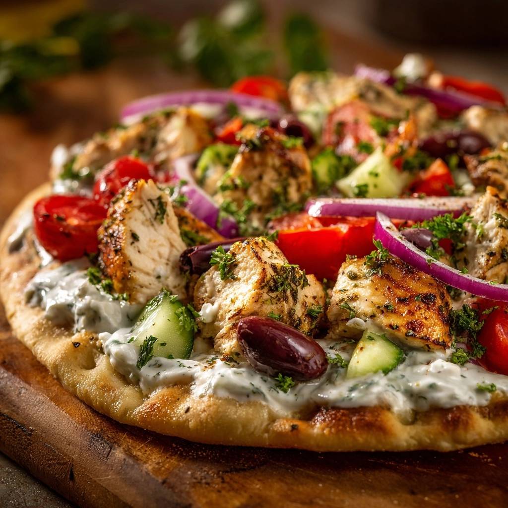 Griechisches Hahnchen Pita Mit Tzatziki Nahaufnahme 1 Griechisches Hähnchen-Pita mit Tzatziki in Nahaufnahme, mit saftigem Hähnchen, frischen Tomaten und Gurken, auf einem Holzteller serviert.