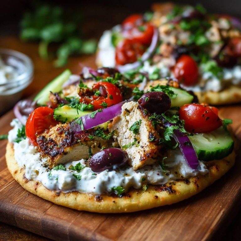 Griechisches Hähnchen-Pita mit Tzatziki in Nahaufnahme, serviert auf einem rustikalen Holzbrett, mit frischen Tomaten, Gurken und Oliven.