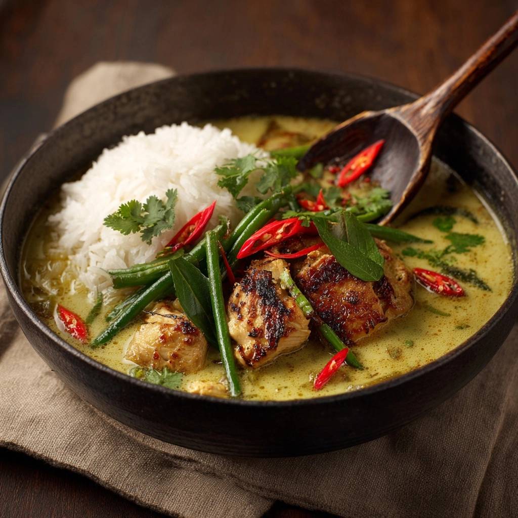 Gruenes Thai Haehnchen Curry Mit Bohnen Und Reis Serviert 1 Grünes Thai-Hähnchen-Curry mit Bohnen und Reis serviert in einer tiefen Schüssel, garniert mit frischen Chilis und Koriander.