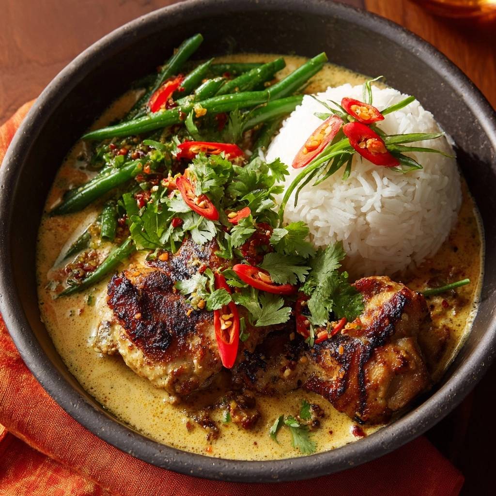 Gruenes Thai Huehnercurry Mit Reis Draufsicht 1 Grünes Thai-Hühnercurry mit Reis, serviert in einer dunklen Schüssel, mit einer Draufsicht auf das cremige Gericht und frischen Zutaten.