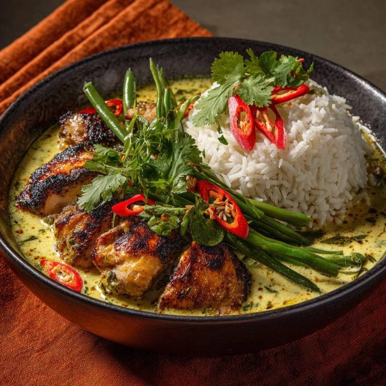 Grünes Thai-Hühnercurry mit Reis serviert in einer dunklen Schüssel, mit gebratenem Hühnchen, Reis und frischen Chilischoten garniert.