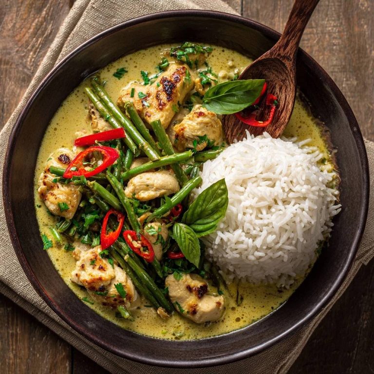 Grünes Thai-Hähnchen-Curry mit Bohnen und Reis, serviert in einer dunklen Schüssel, mit Reis, Hähnchen, Bohnen und roter Chili-Garnitur.