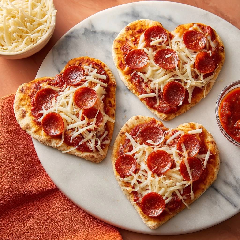 Herzformige Mini Pizzen Draufsicht Serviert 1 Herzförmige Mini-Pizzen von oben serviert, belegt mit Pepperoni und geschmolzenem Käse auf einem Marmorteller. Ein tolles Gericht für einen besonderen Anlass.