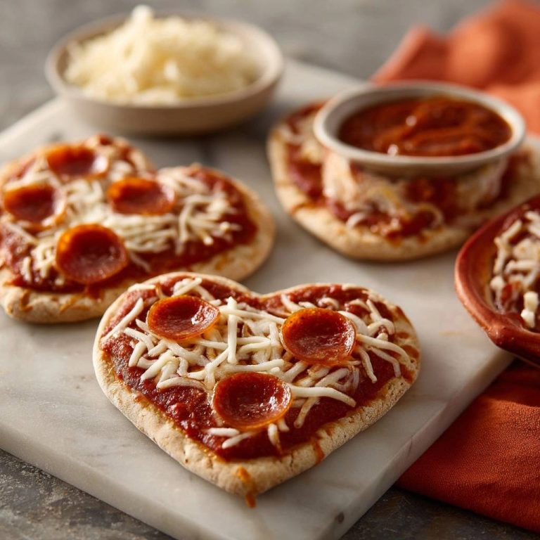 Herzförmige Mini-Pizzen mit Pepperoni und Käse in Nahaufnahme auf einem Marmorbrett. Der knusprige Boden wird für ein perfektes Ergebnis zubereitet.
