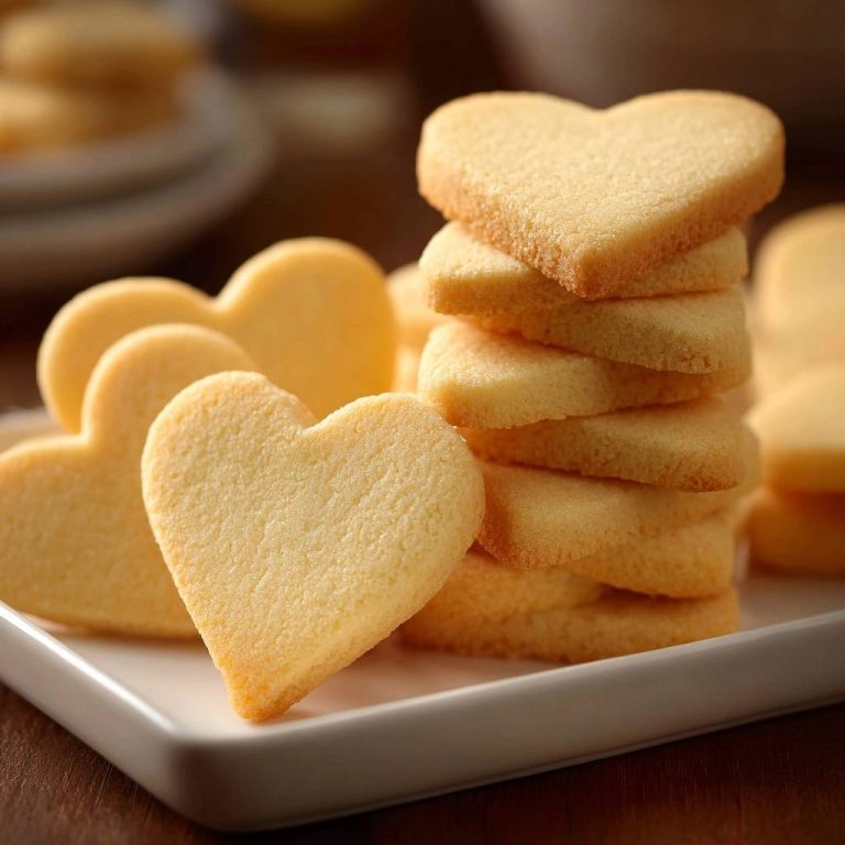 Herzförmige Zitronen-Shortbread in einem Stapel, perfekt gebacken und auf einem weißen Teller präsentiert, mit detailreicher Textur.