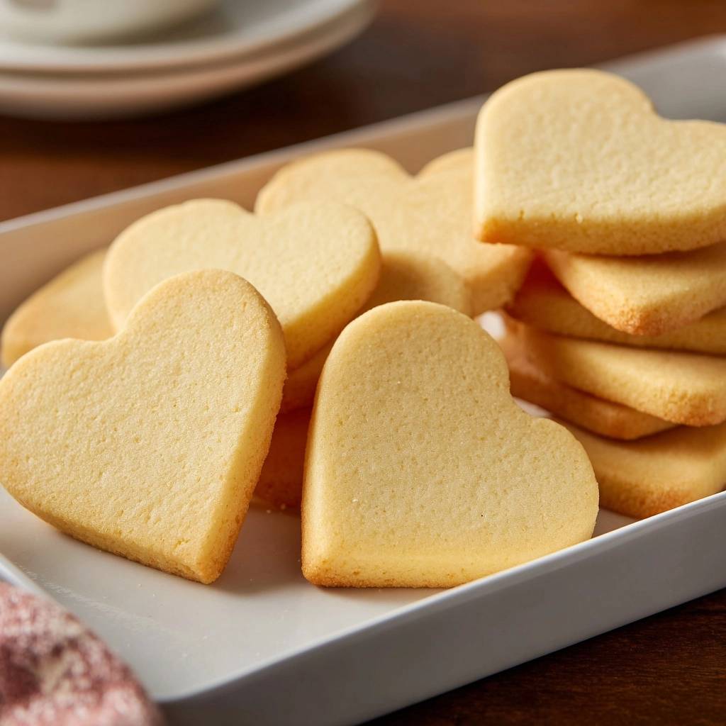 Herzformige Zitronen Shortbread Nahaufnahme 1 Herzförmige Zitronen-Shortbread in Nahaufnahme auf einem weißen Teller gestapelt. Die Butterkekse sind hellgelb und haben eine schöne Textur.