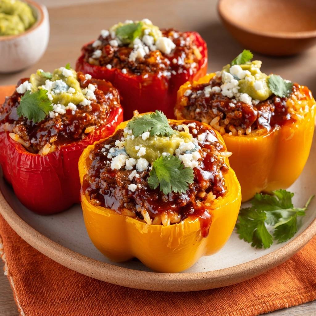 Herzhaft Gefuellte Paprika Serviert 1 Herzhaft gefüllte Paprika, serviert auf einem rustikalen Teller, garniert mit frischen Kräutern und einem Klecks Guacamole. Die Paprika sind mit einer leckeren Füllung gefüllt.