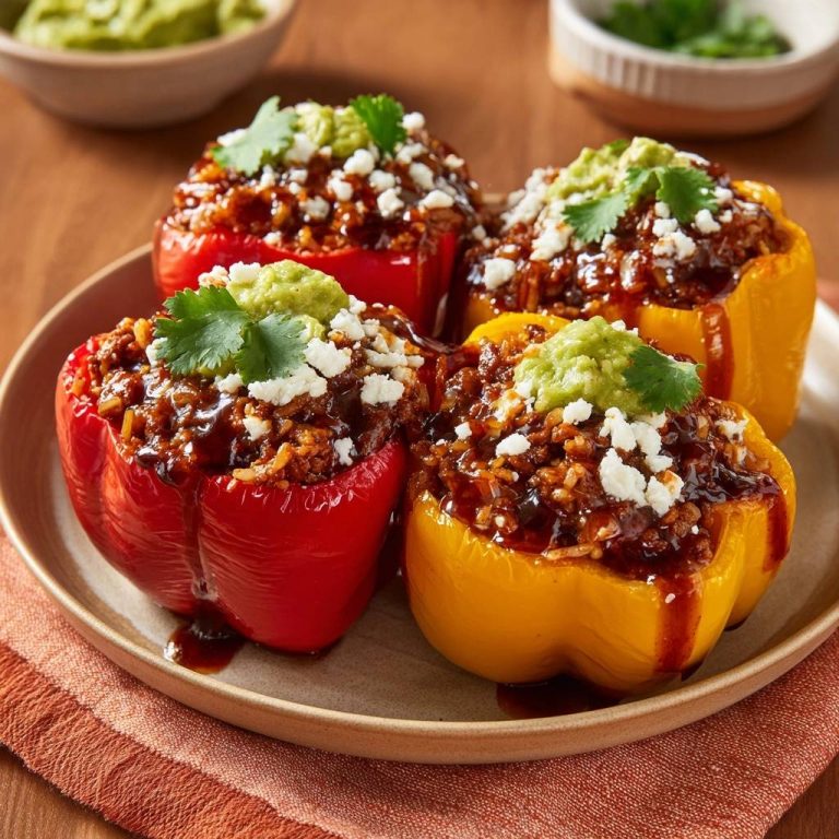 Herzhaft gefüllte Paprika, serviert auf einem Teller, mit frischer Guacamole, Feta-Käse und Koriander garniert. Das Gericht ist mit einer dunklen Sauce bedeckt.