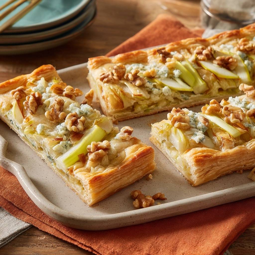 Herzhafte Blaetterteig Tarte Mit Birne Und Gorgonzola Servie 1 Herzhafte Blätterteig-Tarte mit Birne und Gorgonzola, serviert in rechteckigen Stücken auf einem cremefarbenen Tablett. Die Tarte ist mit Walnüssen und Gorgonzola belegt.