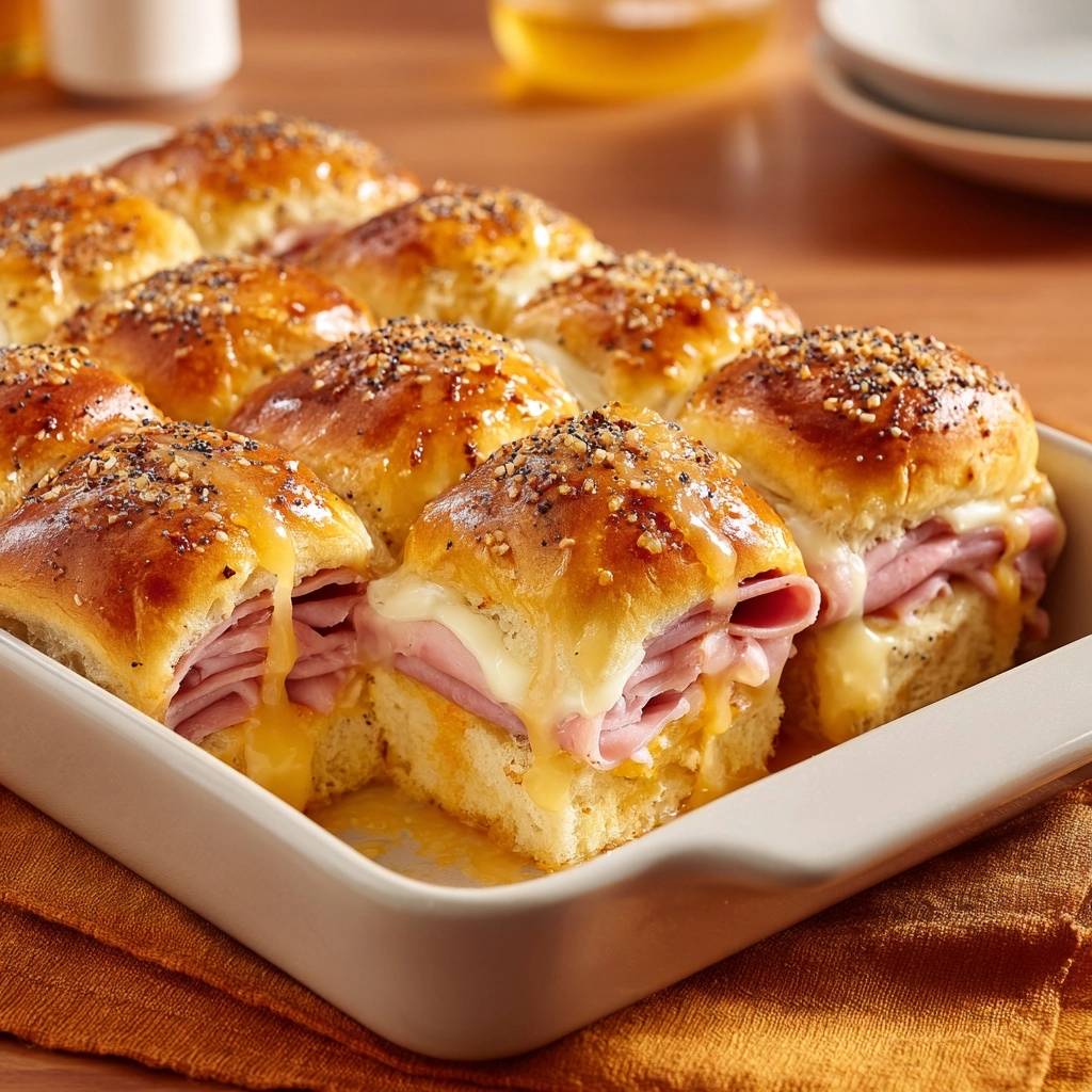 Herzhafte Schinken Kase Slider Querschnitt Nahaufnahme 1 Herzhafte Schinken-Käse-Slider zeigen einen geschmolzenen Käse-Querschnitt und saftigen Schinken, gebacken in einer Auflaufform.