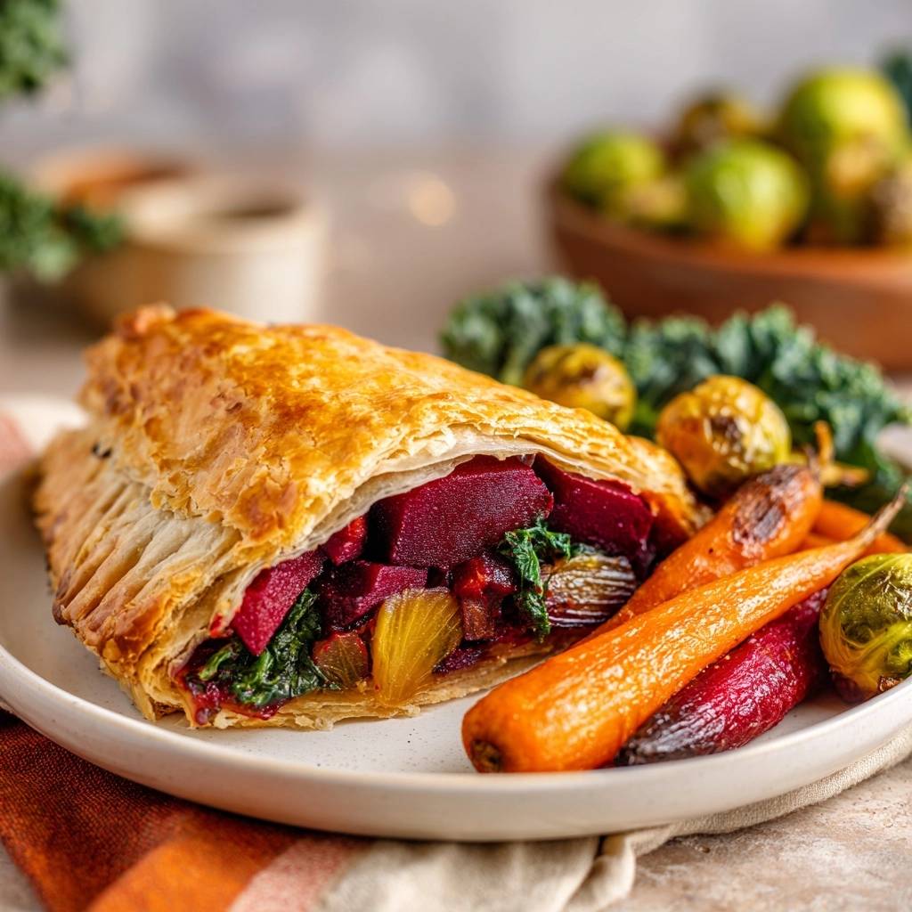 Herzhafte Wintergemuese Pastete Querschnitt 1 Herzhafte Wintergemüse-Pastete in Nahaufnahme, zeigt den saftigen, geschichteten Inhalt mit Rote Bete und Gemüse. Ein köstliches vegetarisches Gericht.