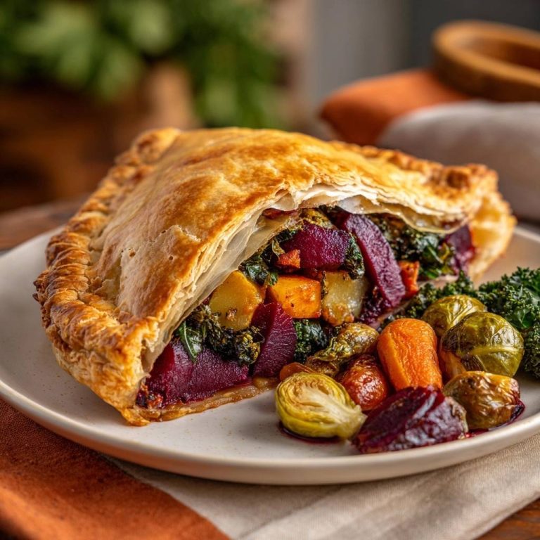 Herzhafte Wintergemüse-Pastete in Nahaufnahme mit angeschnittenem Querschnitt, der die saftige Füllung aus Gemüse zeigt.