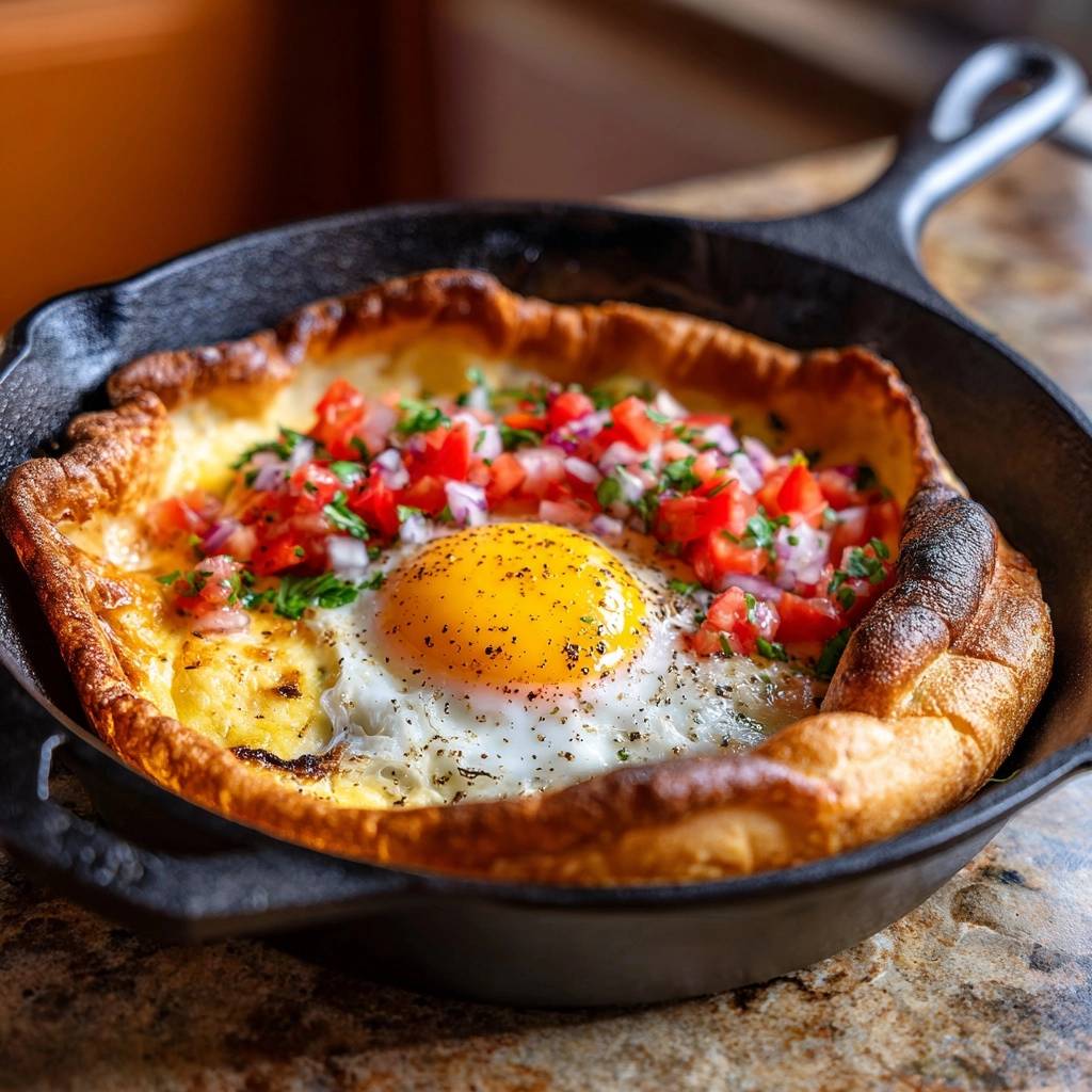 Herzhafter Dutch Baby Pfannkuchen Mit Spiegelei Nahaufnahme 1 Herzhafter Dutch Baby Pfannkuchen mit Spiegelei in einer gusseisernen Pfanne, garniert mit frischen Tomaten, Zwiebeln und Kräutern.