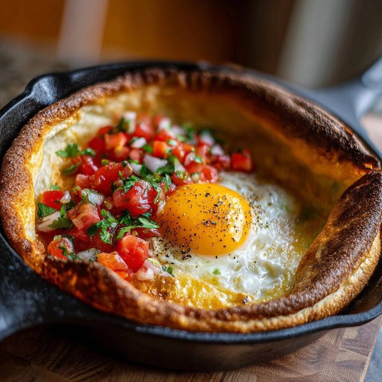 Herzhafter Dutch Baby Pfannkuchen mit Spiegelei in einer gusseisernen Pfanne, garniert mit frischen Tomaten und einem perfekt gebratenen Spiegelei.