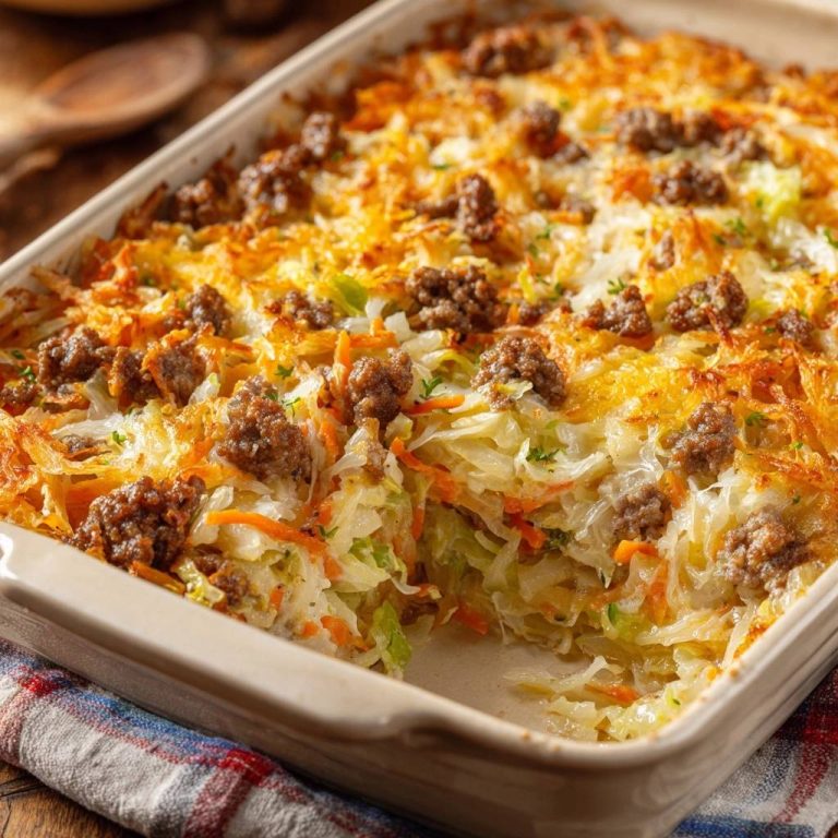 Herzhafter Kohl-Hackfleisch-Auflauf mit Anschnitt, der die saftige Füllung und knusprige Oberfläche zeigt. Ein herzhaftes Gericht ohne Wässern.