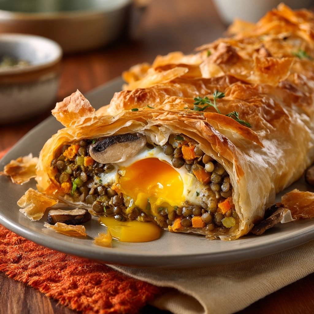 Herzhafter Linsen Pilz Strudel Querschnitt 1 Herzhafter Linsen-Pilz-Strudel: Ein Nahaufnahme-Querschnitt zeigt die köstliche Füllung aus Linsen, Pilzen und einem perfekt pochierten Ei.