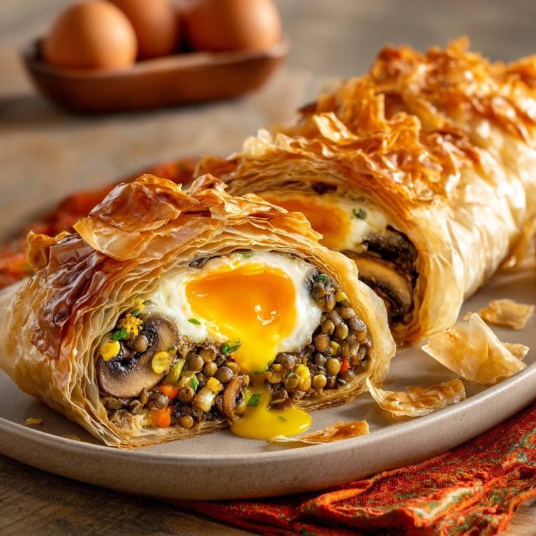 Herzhafter Linsen-Pilz-Strudel, ein köstlicher Strudel mit einem perfekt gebratenen Ei, angeschnitten, um die Füllung zu zeigen.