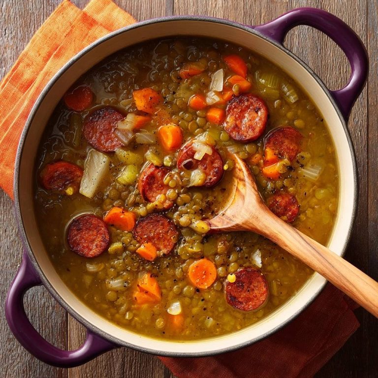 Herzhafter Linseneintopf mit Rinderwurst in einer lila Kochtopf. Draufsicht zeigt die fertige Suppe mit Wurst, Karotten und Linsen.