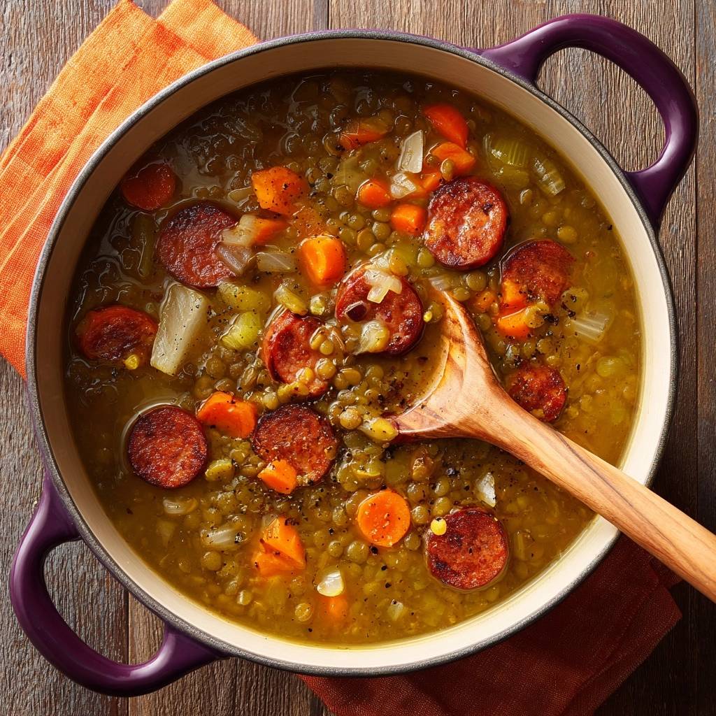 Herzhafter Linseneintopf mit Rinderwurst in einer lila Kochtopf. Draufsicht zeigt die fertige Suppe mit Wurst, Karotten und Linsen.