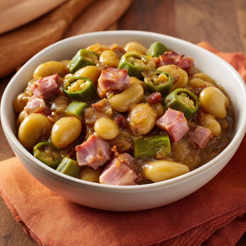Herzhafter Okra Bohnen Eintopf Mit Speck Serviert 1 Herzhafter Okra-Bohnen-Eintopf mit Speck, serviert in einer weißen Schüssel, präsentiert die herzhafte Mischung aus Bohnen, Okra und Speck.