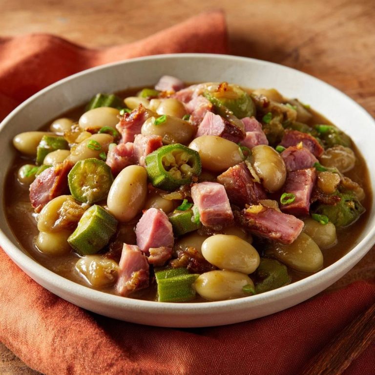 Herzhafter Okra-Bohnen-Eintopf mit Speck, serviert in einer weißen Schüssel, präsentiert eine Nahaufnahme des herzhaften Eintopfs.