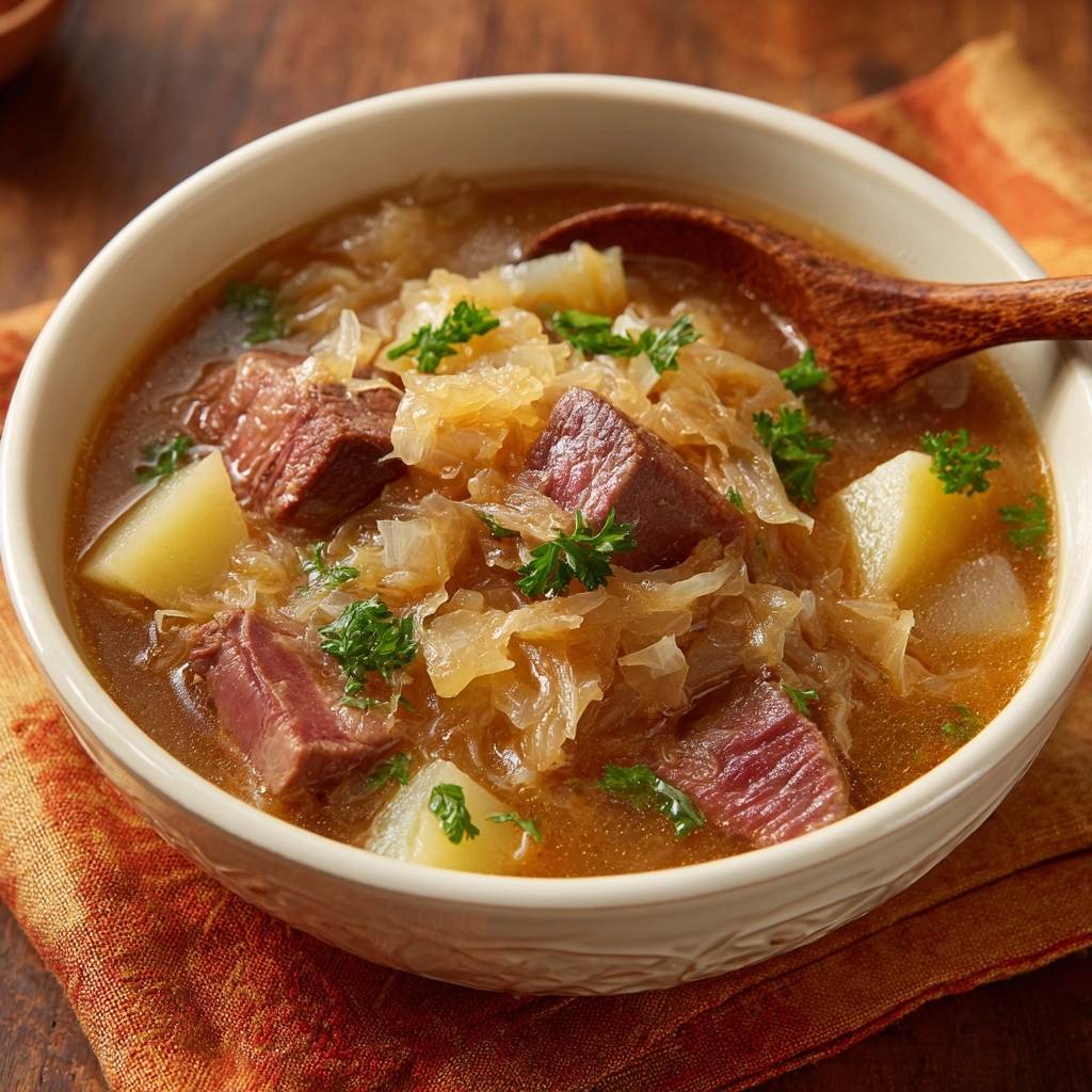 Herzhafter Sauerkraut Eintopf Mit Gepoekeltem Rindfleisch Na 1 Herzhafter Sauerkraut-Eintopf mit gepökeltem Rindfleisch in einer weissen Schüssel, garniert mit frischer Petersilie, aus nächster Nähe betrachtet.