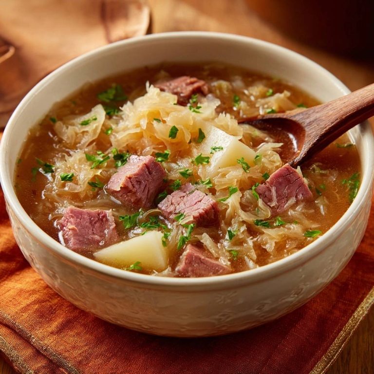 Herzhafter Sauerkraut-Eintopf mit gepökeltem Rindfleisch in einer cremefarbenen Schüssel, serviert mit einem Holzlöffel, Nahaufnahme der Zutaten.