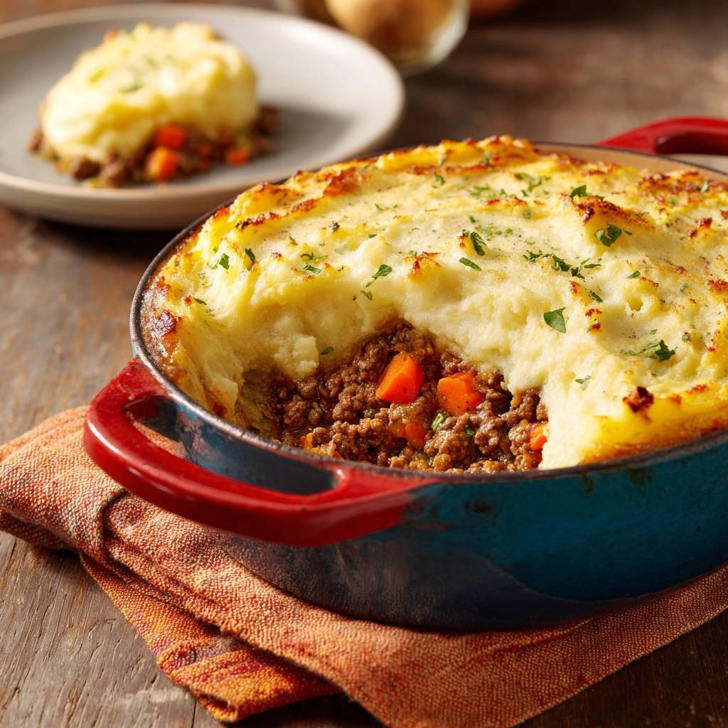 Herzhafter Shepherds Pie Querschnitt 1 Herzhafter Shepherd's Pie mit einem saftigen Fleisch-Gemüse-Boden, serviert mit einem Blick auf den angeschnittenen Auflauf.