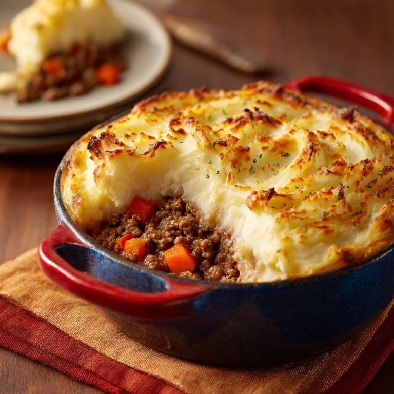 Herzhafter Shepherd's Pie in Nahaufnahme: Ein Stück des herzhaften Auflaufs zeigt die fleischige Füllung und die cremige Kartoffelhaube.