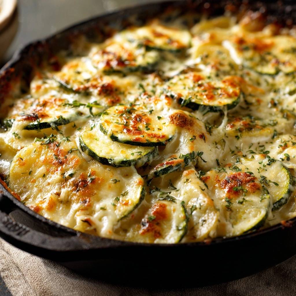 Herzhafter Zucchini Kartoffel Auflauf Nahaufnahme 1 Herzhafter Zucchini-Kartoffel-Auflauf in der Nahaufnahme: Die knusprige Käsekruste und die knackigen Zucchinischeiben sind deutlich zu sehen.