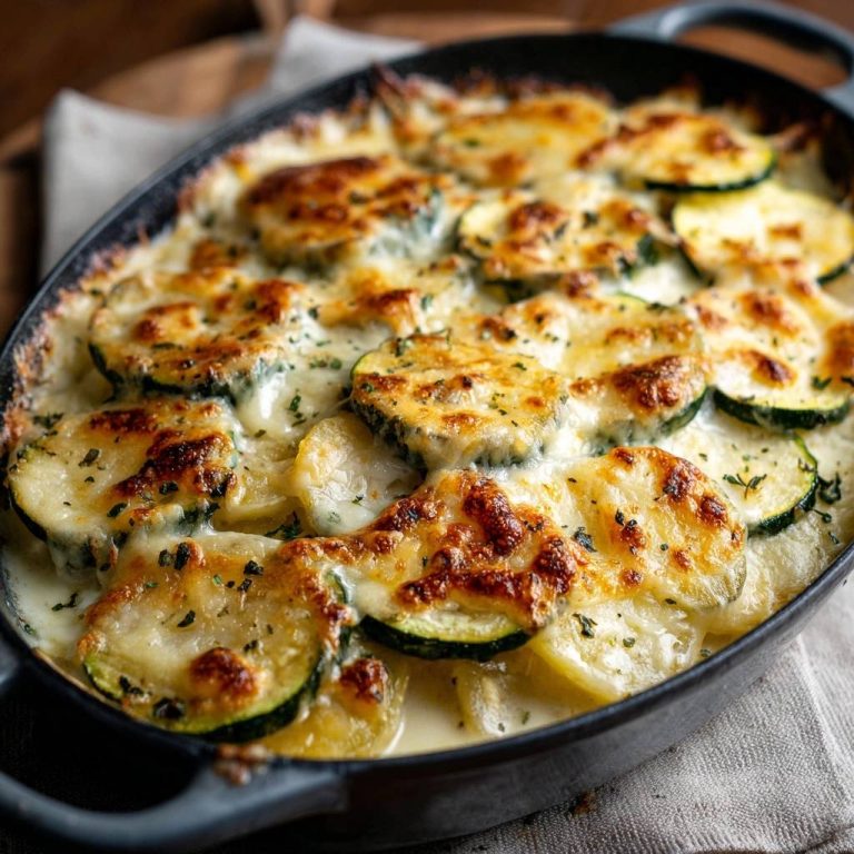 Herzhafter Zucchini-Kartoffel-Auflauf im Detail: Der Auflauf zeigt eine Nahaufnahme der goldbraun gebackenen Käseschicht und der Zucchini-Scheiben.