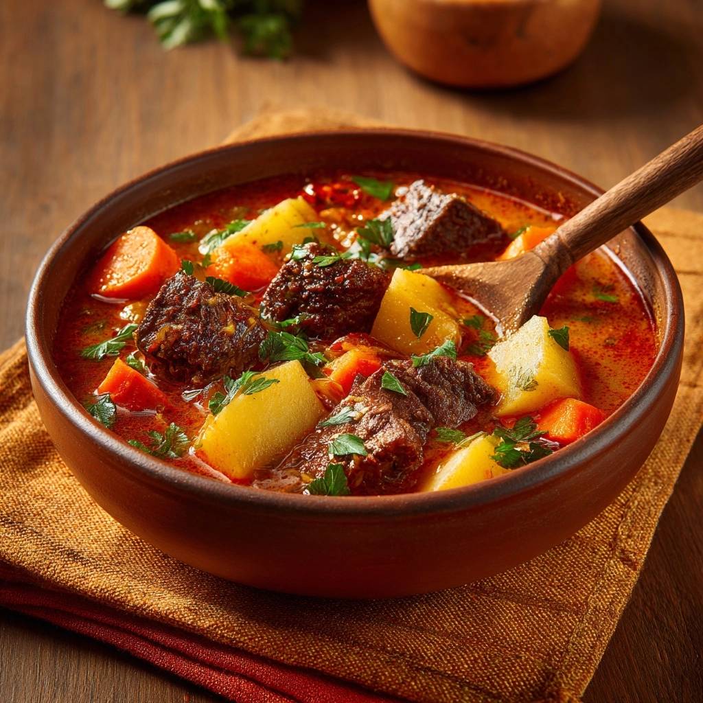 Herzhaftes Rindergulasch Mit Kartoffeln Serviert 1 Herzhaftes Rindergulasch mit Kartoffeln serviert in einer rustikalen Schüssel, garniert mit frischer Petersilie und bereit zum Genießen.