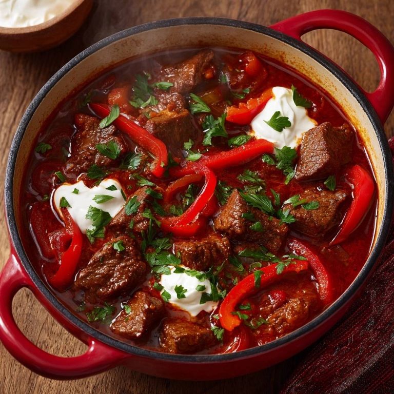 Herzhaftes Rindergulasch mit Paprika, serviert in einem Topf mit saftigen Fleischstücken, Paprika und frischer Petersilie, von oben gesehen.