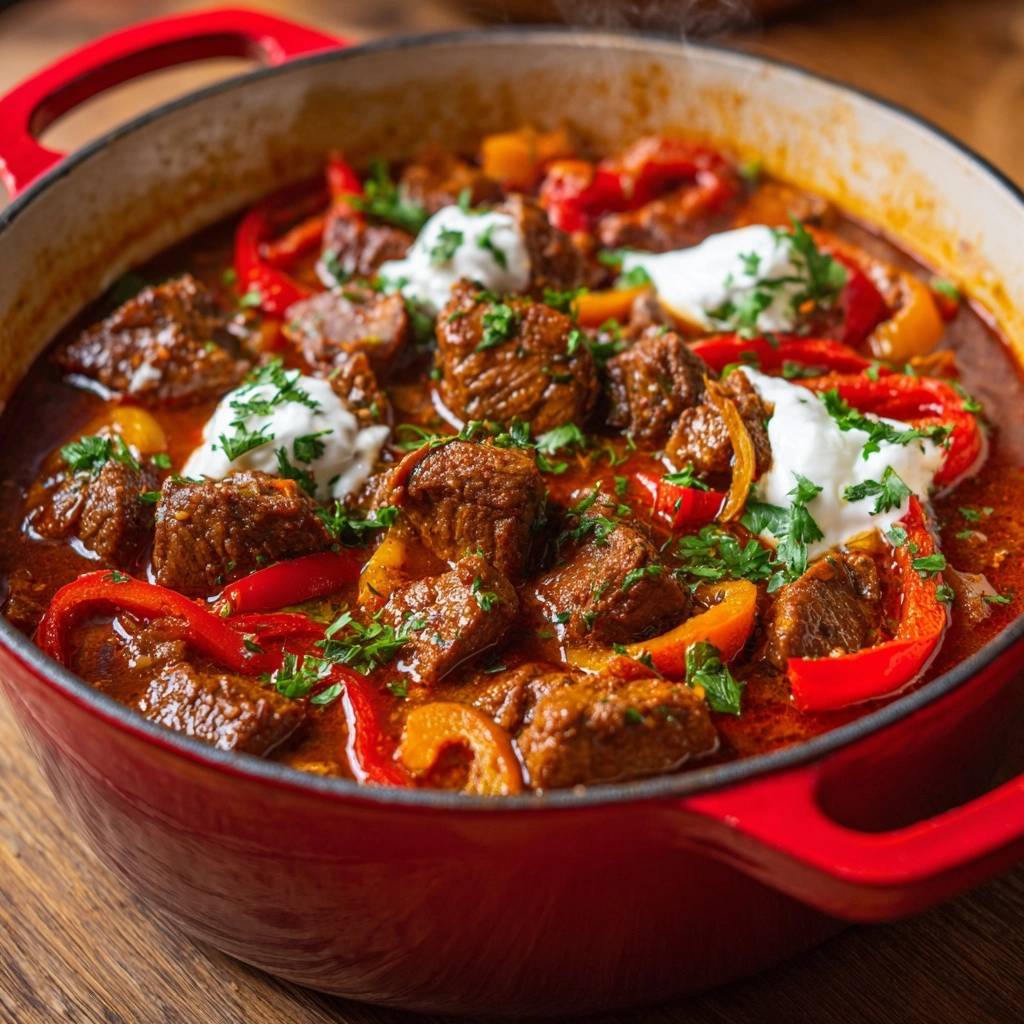 Herzhaftes Rindergulasch Mit Paprika Draufsicht Serviert 1 Herzhaftes Rindergulasch mit Paprika, serviert in einem roten Topf, garniert mit frischer Petersilie und cremiger Sahne.
