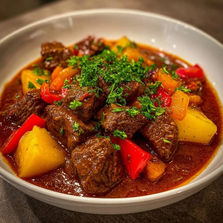 Herzhaftes Rindergulasch mit Paprika, serviert in einer weißen Schüssel, mit frischer Petersilie garniert und von oben fotografiert.