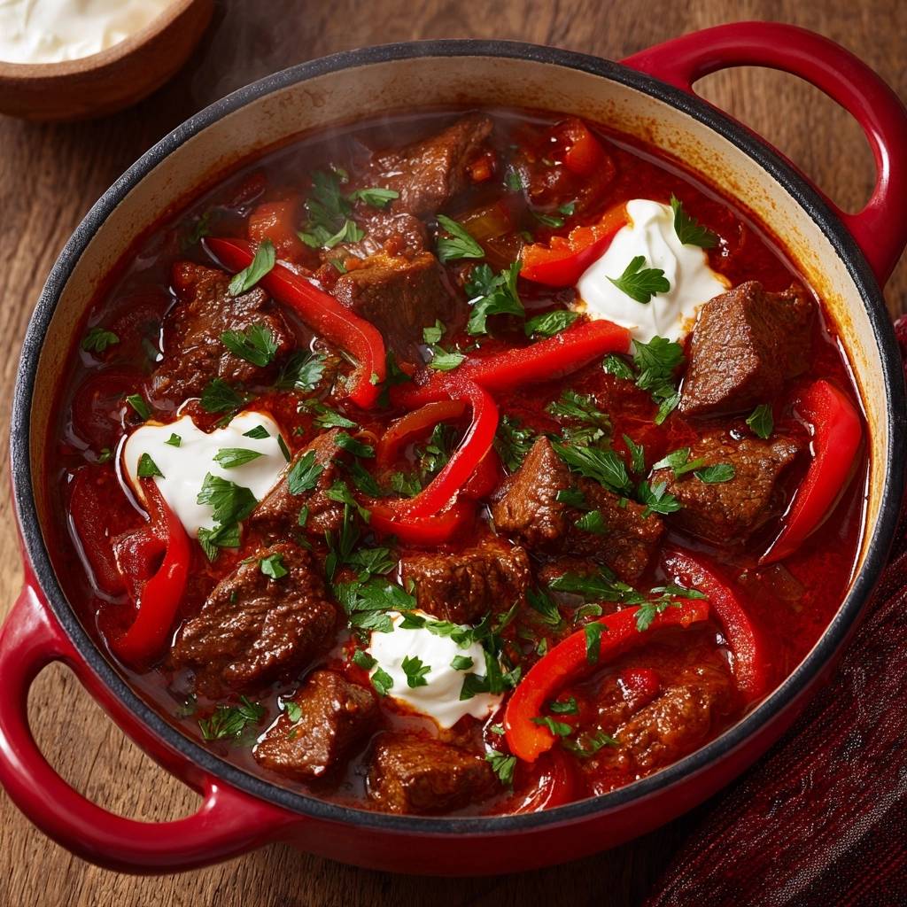 Herzhaftes Rindergulasch mit Paprika, serviert in einem Topf mit saftigen Fleischstücken, Paprika und frischer Petersilie, von oben gesehen.
