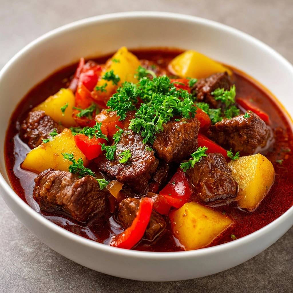 Herzhaftes Rindergulasch Mit Paprika Serviert 1 Herzhaftes Rindergulasch mit Paprika, serviert in einer weißen Schüssel, garniert mit frischer Petersilie, und in einer reichen, roten Soße.