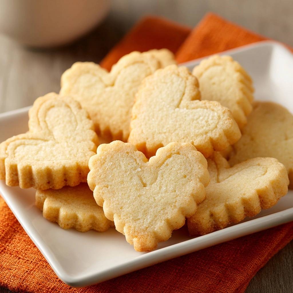 Herzige Shortbread Kekse Nahaufnahme 1 Herzige Shortbread-Kekse in Nahaufnahme, auf einem weißen Teller serviert, mit zarten, geriffelten Rändern und leichter Zuckerbestreuung.