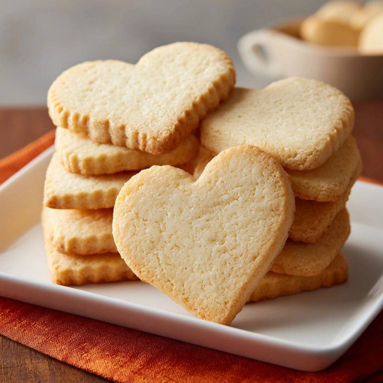 Herzige Shortbread-Kekse in einer Nahaufnahme, gestapelt auf einem weißen Teller, zeigen die zarte Textur und goldene Farbe.