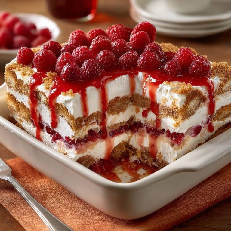 Himbeer-Sahne-Schichtdessert mit Anschnitt, der die saftigen Schichten aus Biskuit, Sahne und Himbeeren zeigt, mit fruchtigem Himbeersirup.